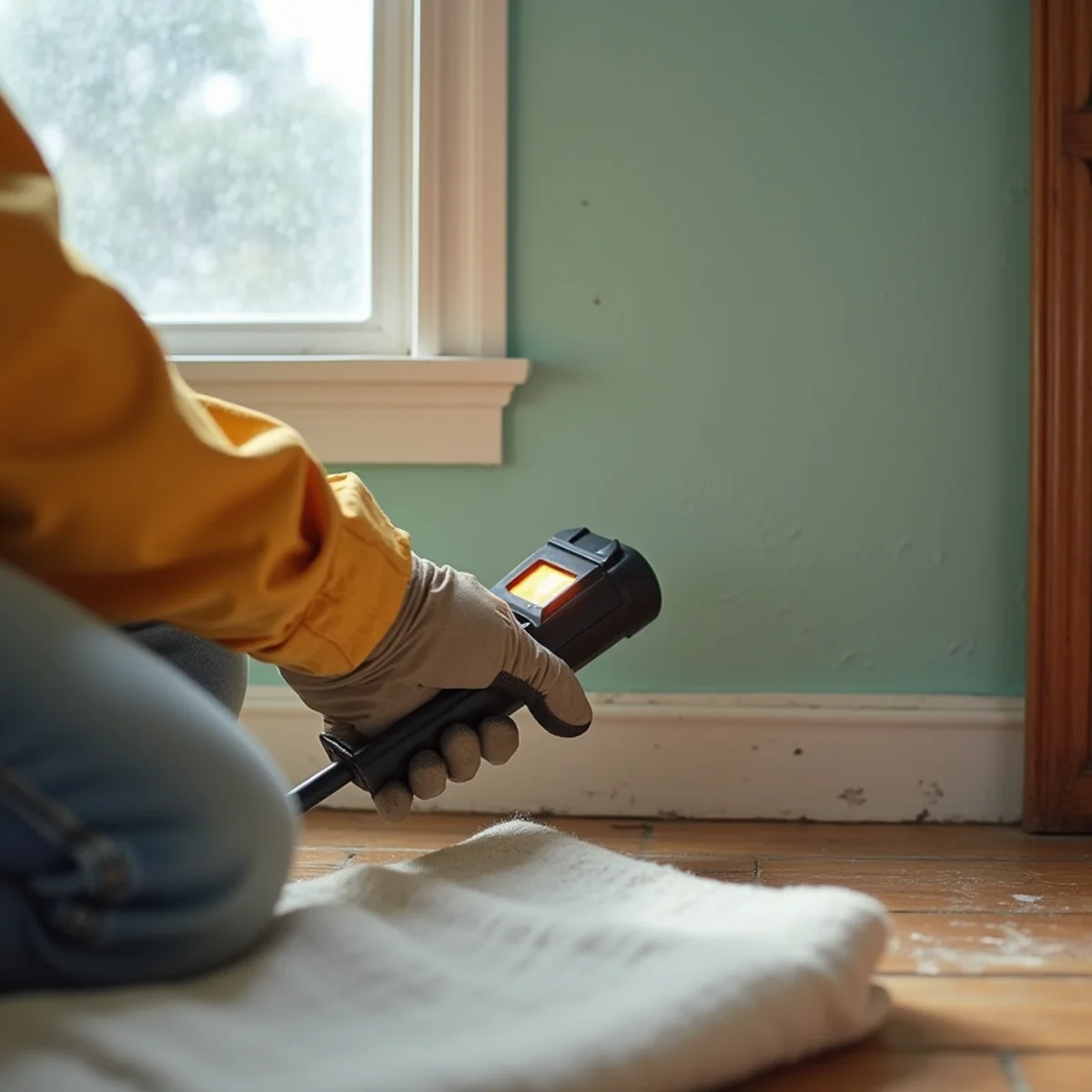 Mold remediation crew member checking a moisture meter reading on drywall in a Buena Park, CA home