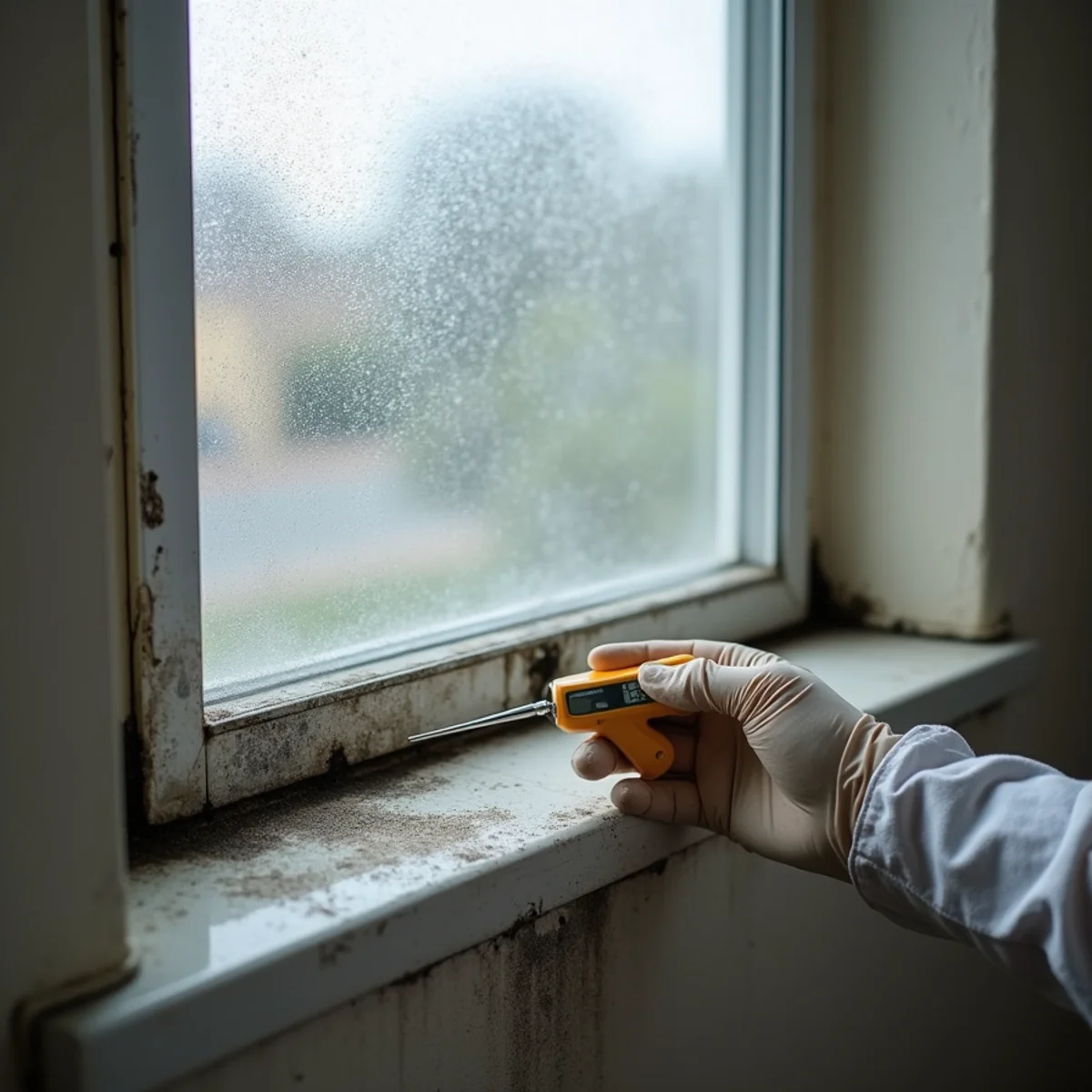 Mold spotting on the sill and wall below an aluminum single-pane window in a Buena Park apartment bedroom