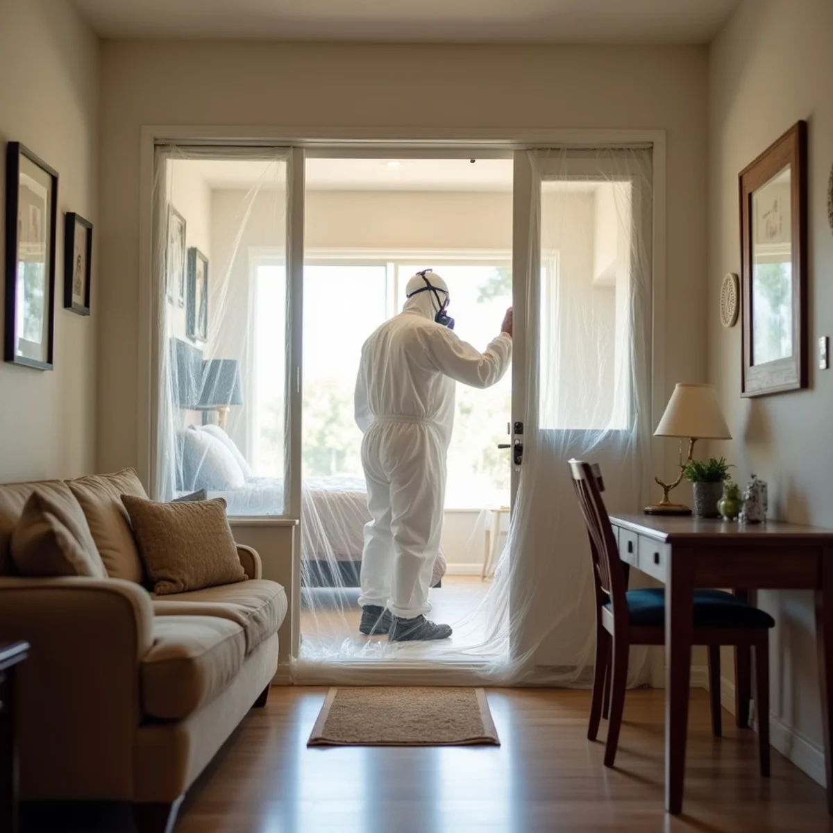 Plastic containment with a zipper door and a HEPA air scrubber set up inside an occupied Buena Park apartment