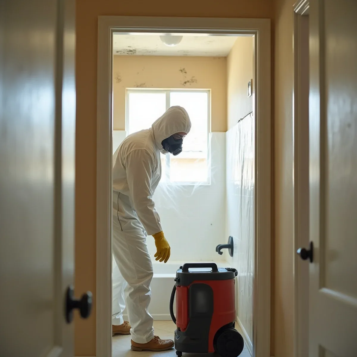 Technician sealing an apartment bathroom with plastic containment in a two-story Buena Park apartment building