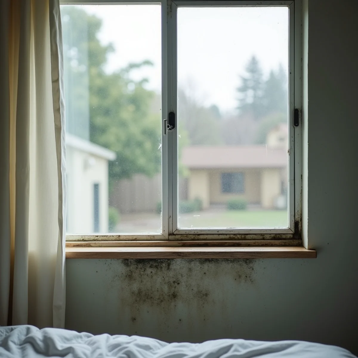 Black mold spreading across the drywall below an aluminum window in a 1960s Buena Park home