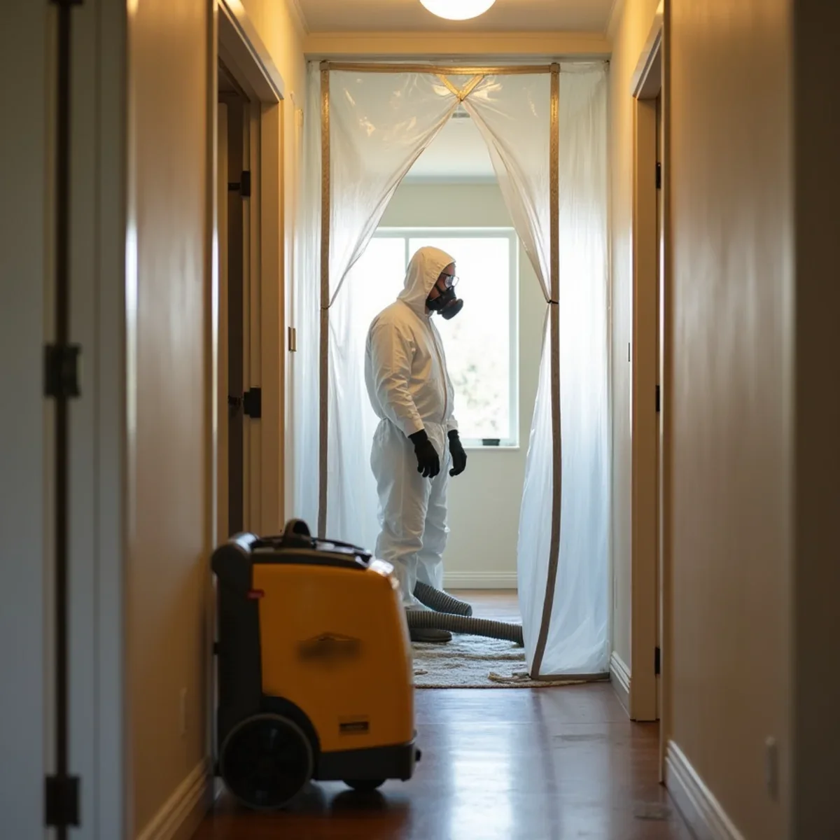 Plastic containment and HEPA air scrubber outside a hallway bathroom during black mold removal in Buena Park
