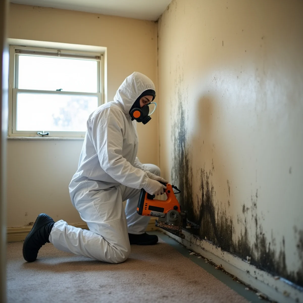 Technician in a Tyvek suit and respirator cutting out black-mold-stained drywall inside containment in a Buena Park home
