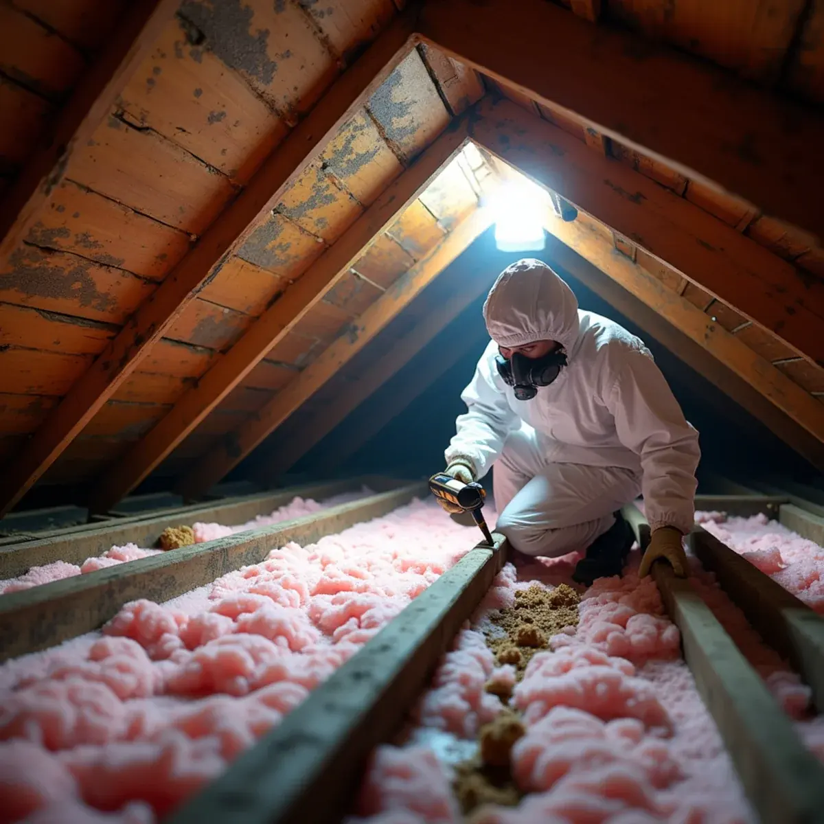 Dark mold on roof sheathing and rafters above wet insulation in an older Fullerton attic after a winter roof leak
