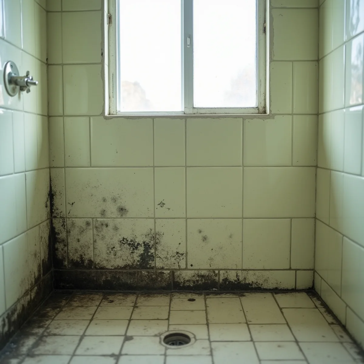 Gray mildew on shower grout beside dark mold on water-damaged drywall in an original 1960s Buena Park bathroom