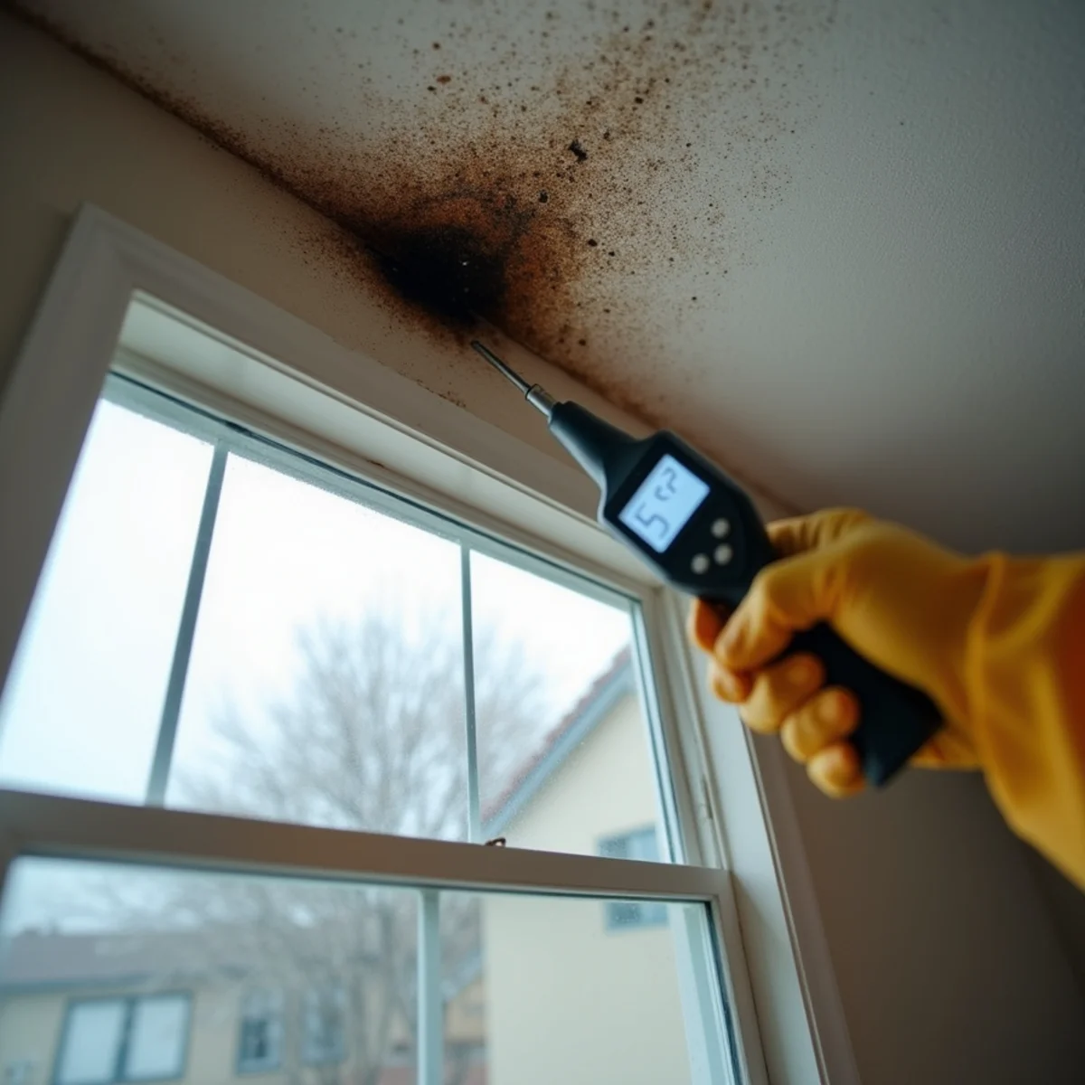 Moisture meter on a water-stained ceiling with early mold growth after a winter storm leak in a Buena Park home