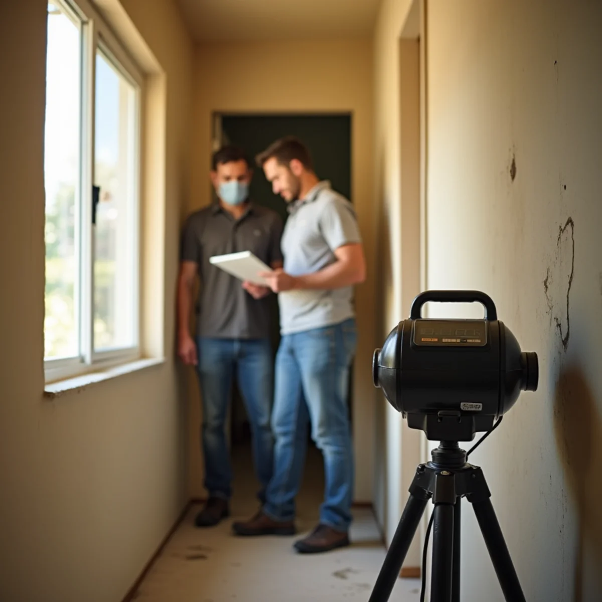 Mold inspector taking moisture readings on a hallway wall while an air sampling pump runs on a tripod in a Cypress ranch home