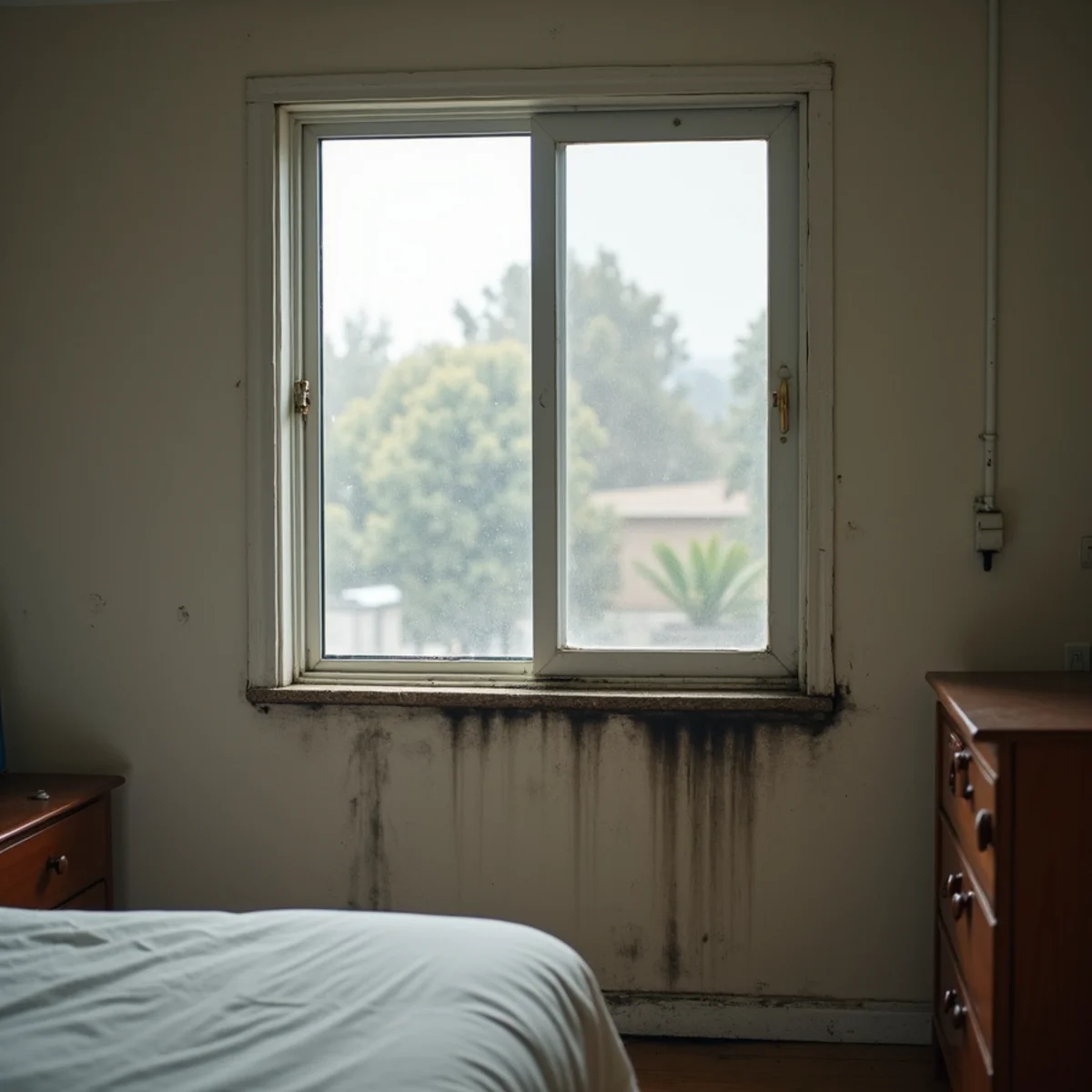 Mold along a bedroom window frame and wall in a two-story Buena Park apartment building