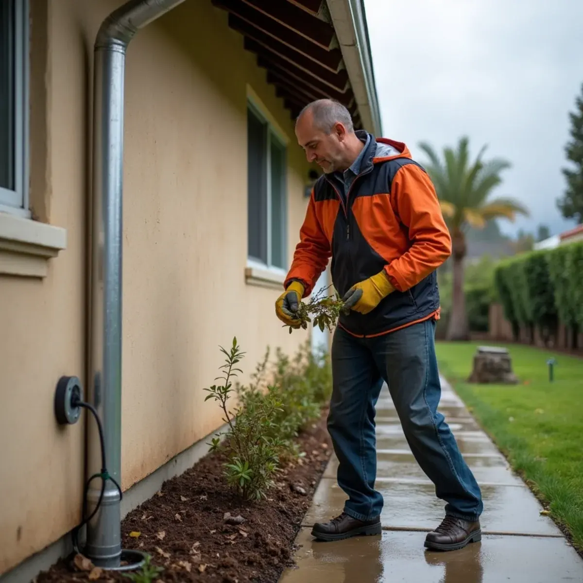 Homeowner clearing a clogged downspout beside a stucco Buena Park ranch home under gray winter storm clouds