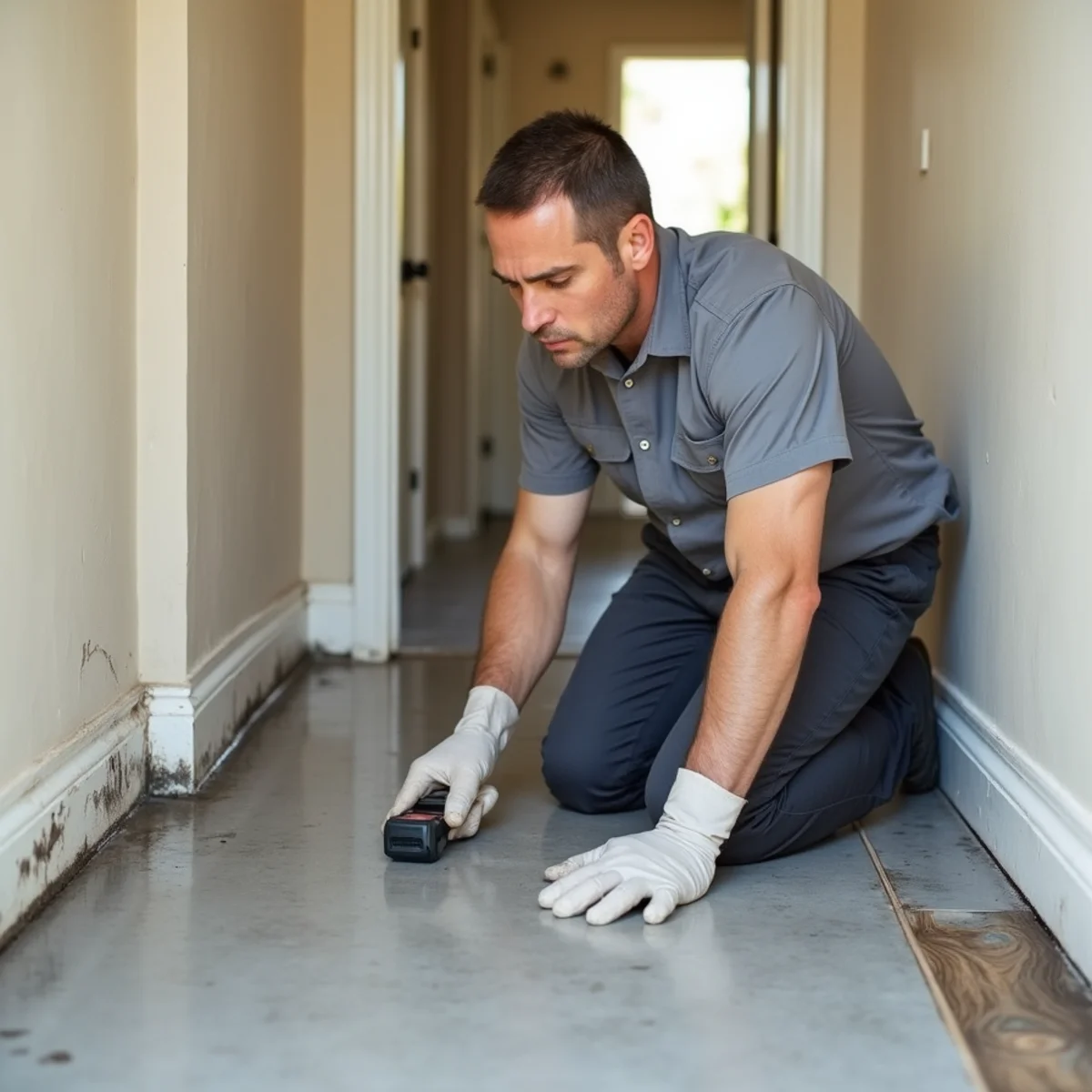 Technician checking a swollen baseboard with a moisture meter beside lifted vinyl flooring in a 1960s La Palma slab home