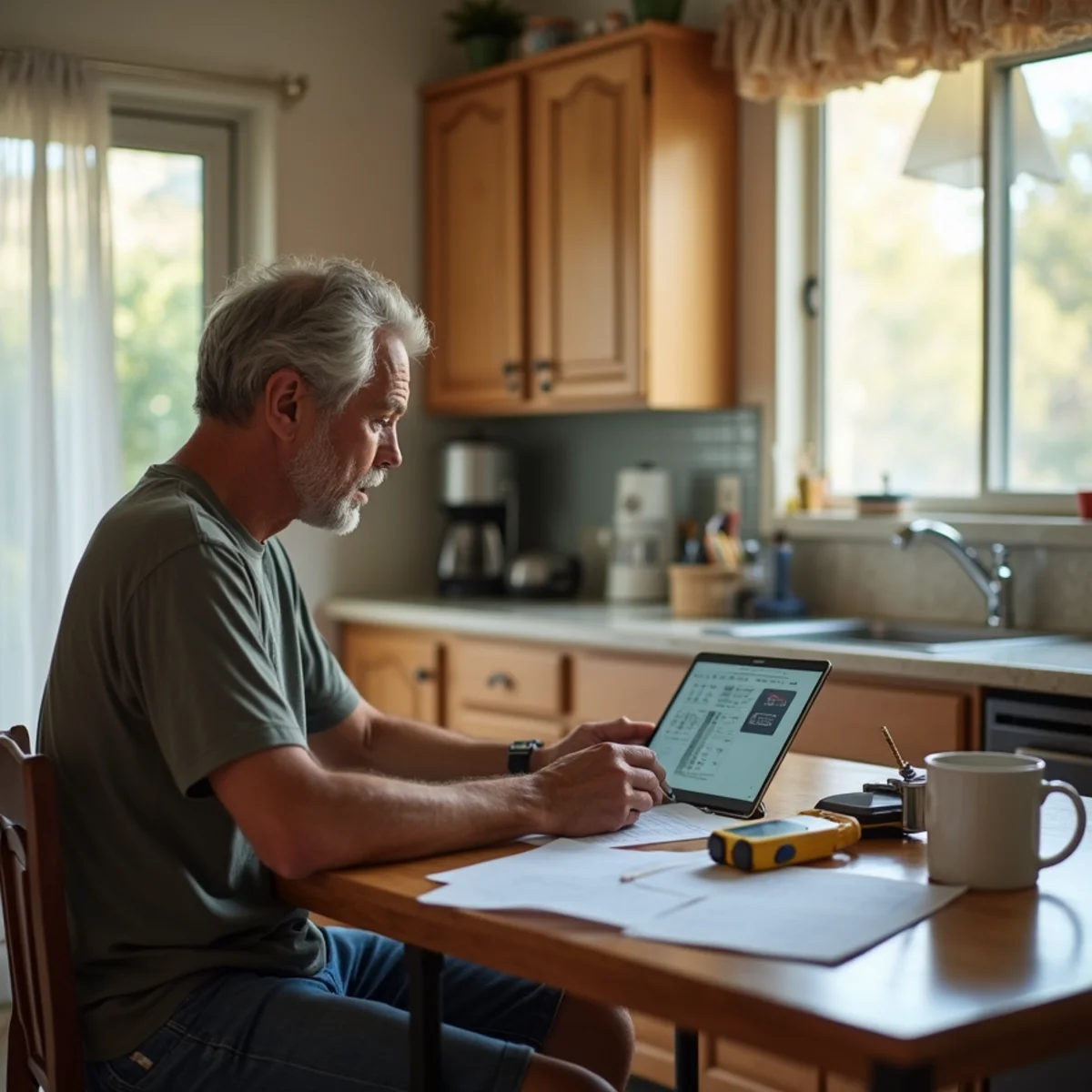 Homeowner reading about mold prevention at a kitchen table in a Buena Park, CA ranch home