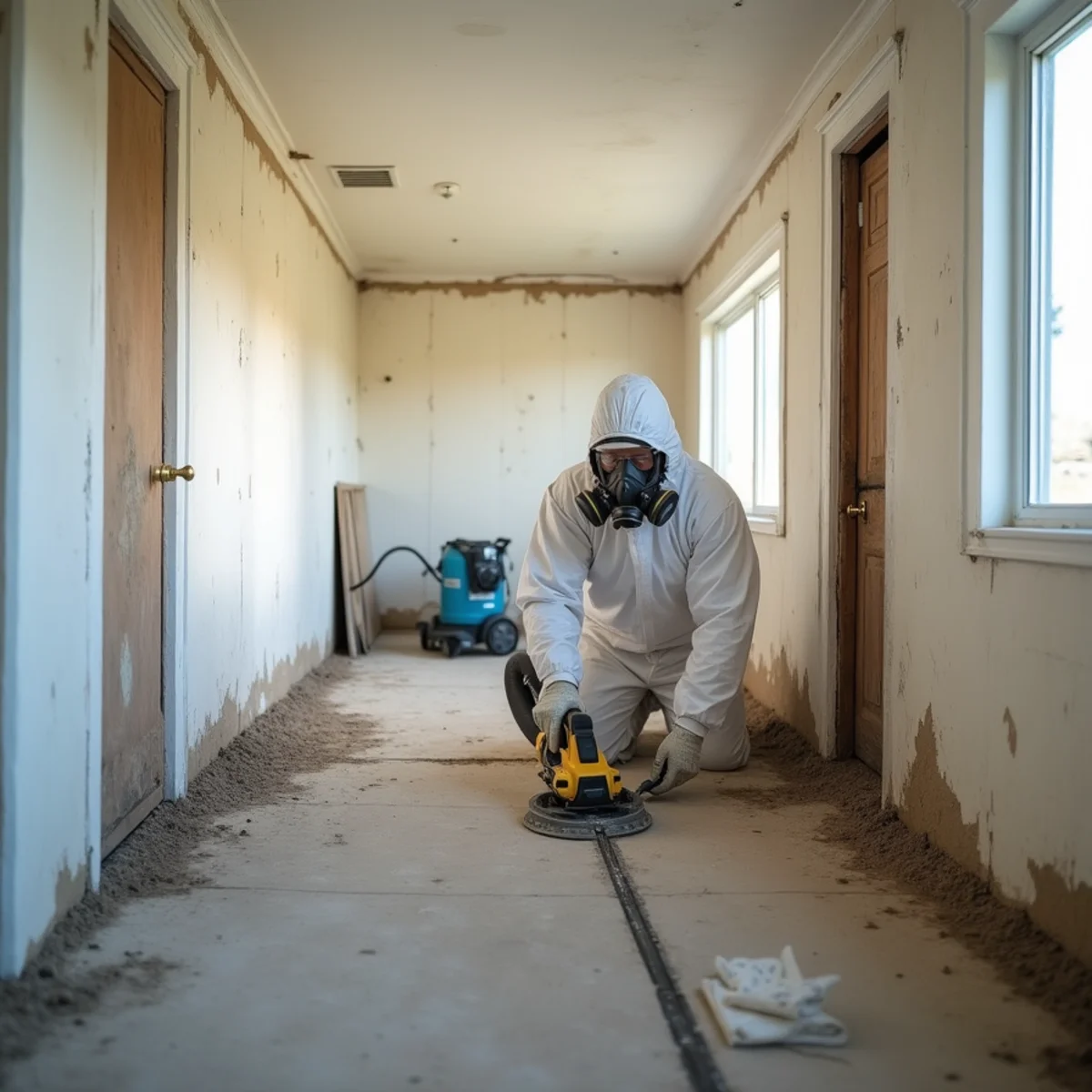 Mold crew cutting out flood-damaged drywall along a slab-edge wall inside plastic containment in a Buena Park home