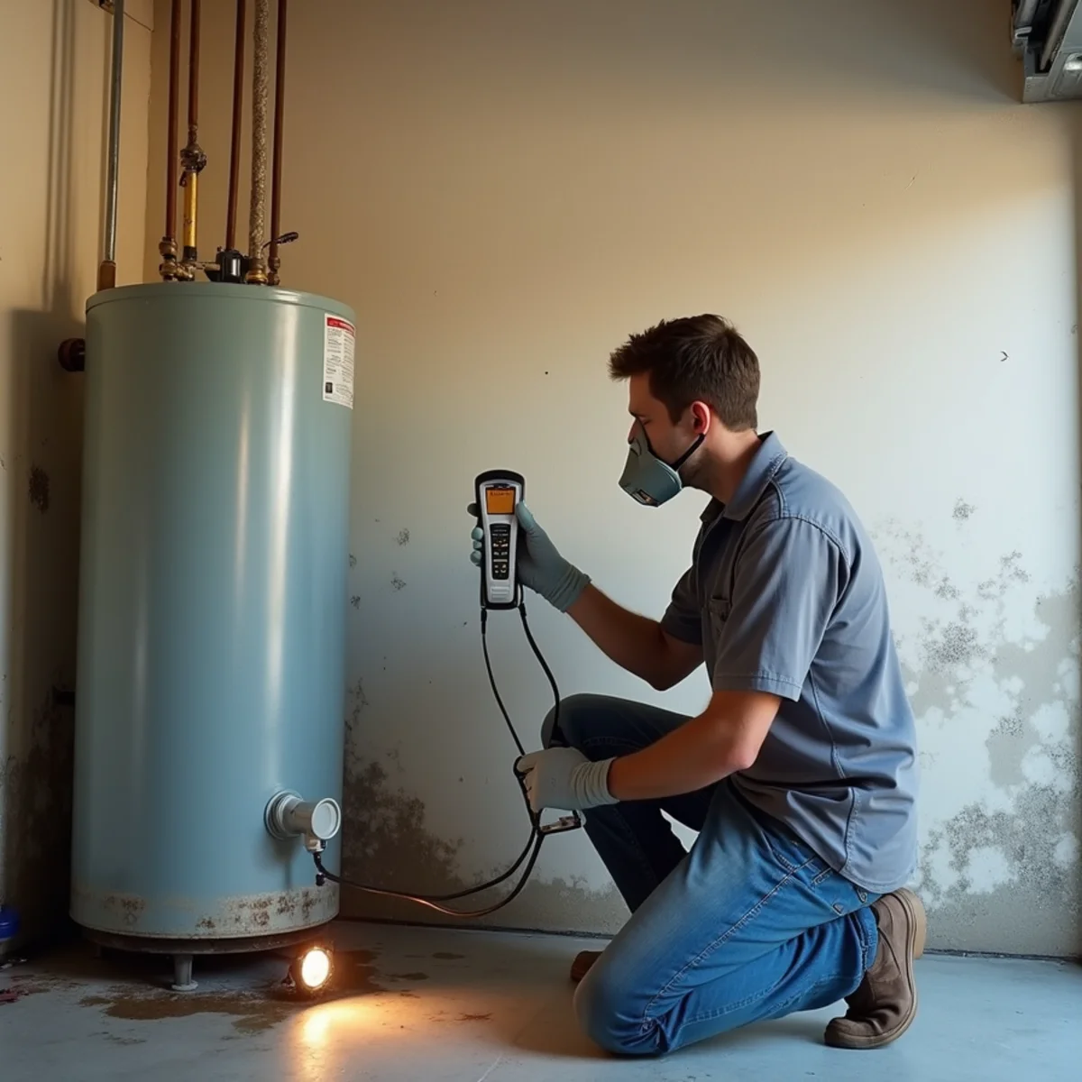 Technician taking moisture readings on wet drywall beside a failed water heater in a Buena Park garage