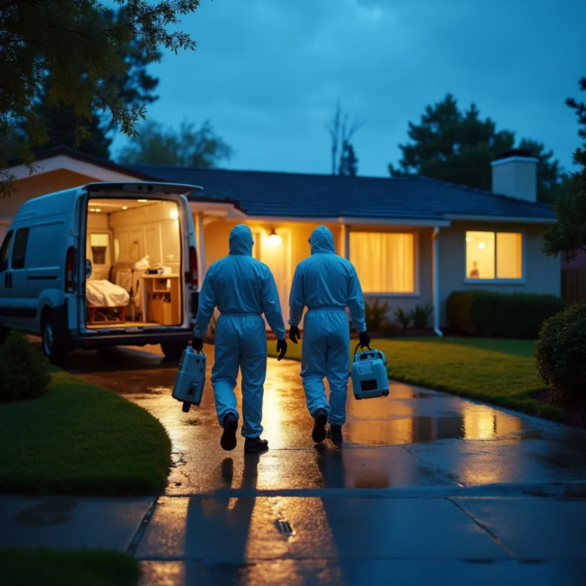 Emergency mold crew carrying a HEPA air scrubber into a Buena Park ranch home at dusk