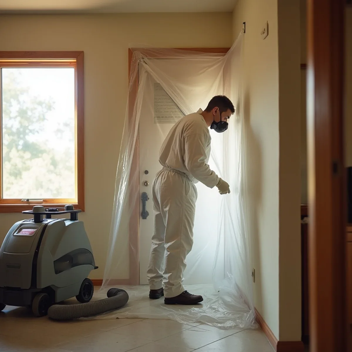 Mold remediation technician in protective gear setting up plastic containment inside a Buena Park ranch home