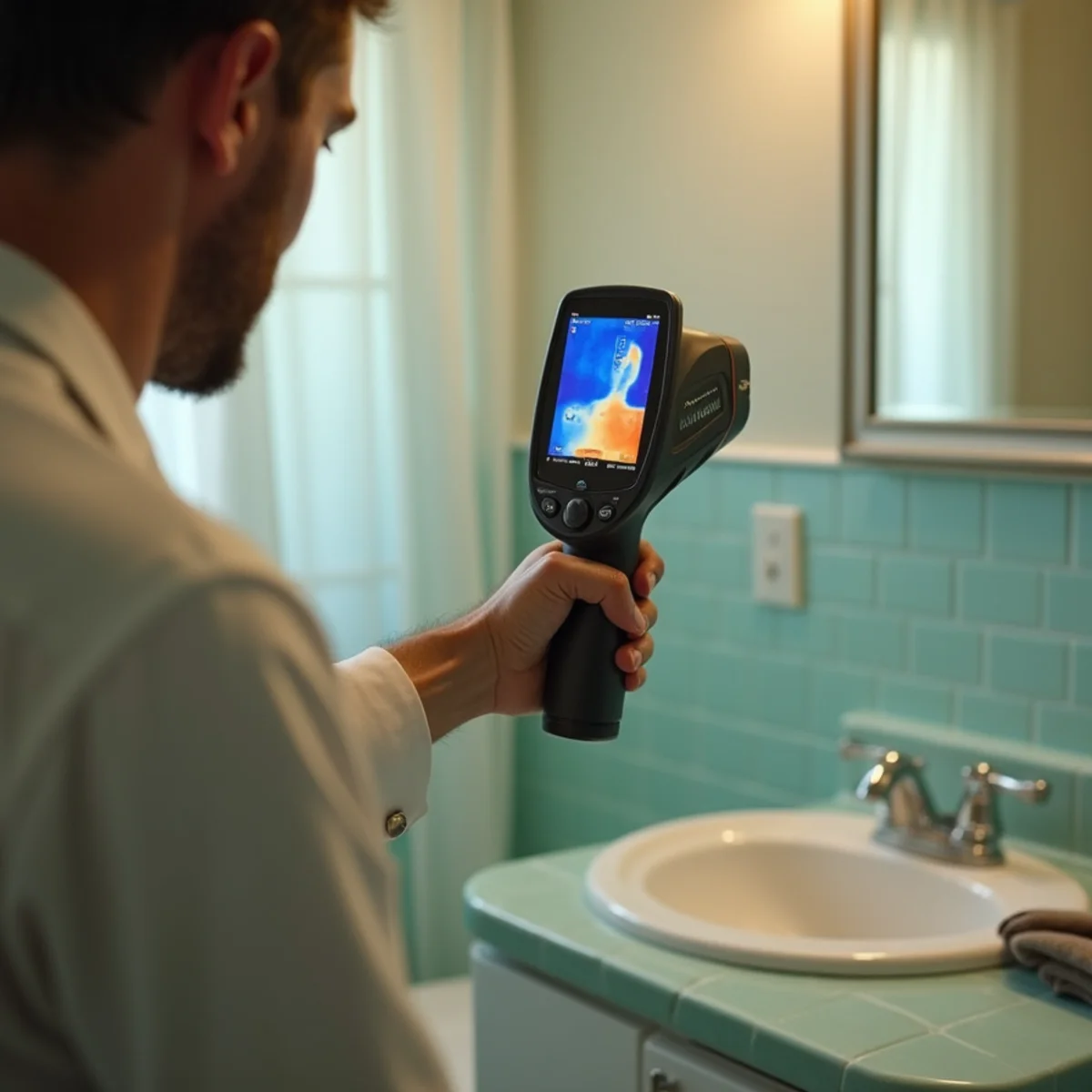 Inspector scanning a bathroom wall with a thermal imaging camera during a mold inspection in Buena Park