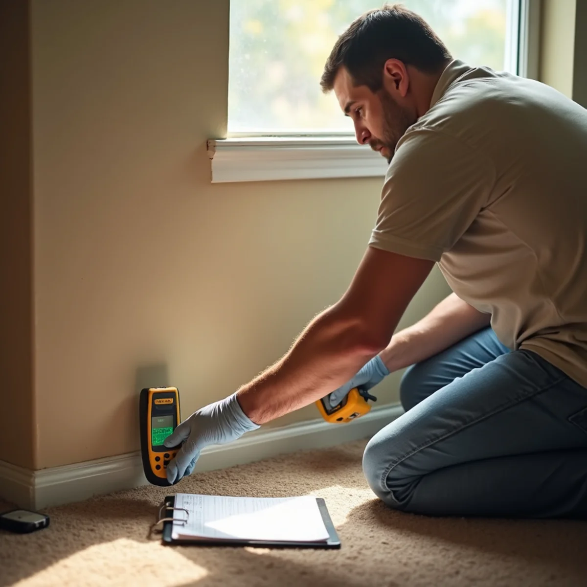 Mold inspector checking a hallway baseboard with a moisture meter in a single-story Buena Park home