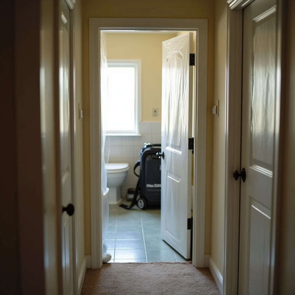 Plastic containment with a zipper door and HEPA air scrubber outside a bathroom during mold removal in a Buena Park home
