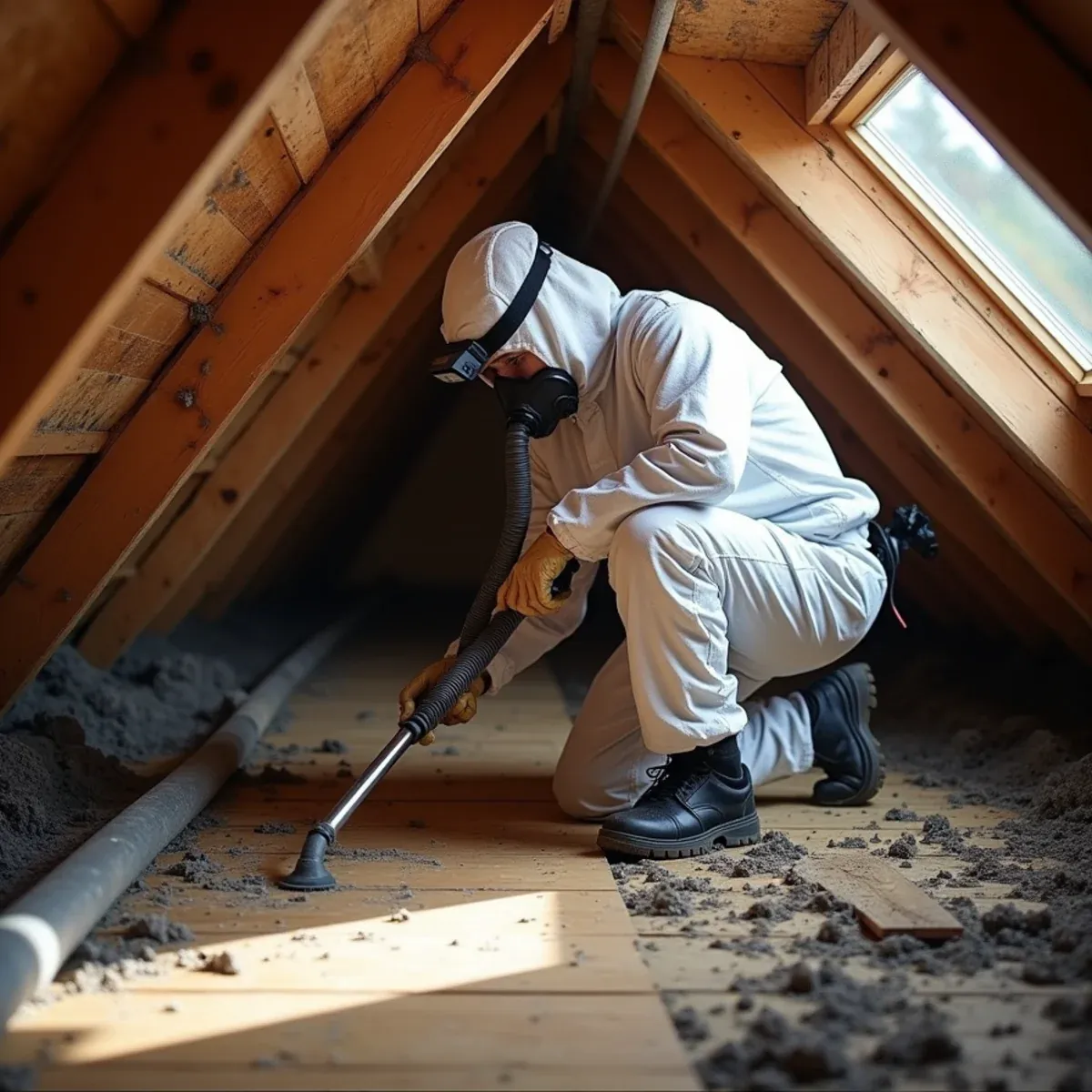 Technician HEPA-vacuuming mold from attic roof sheathing above a 1960s ranch home in Buena Park