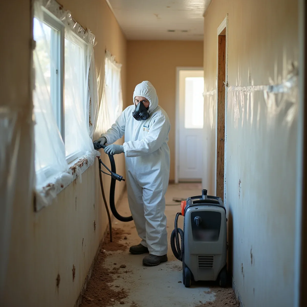 Mold removal technician in a protective suit cutting out moldy drywall inside plastic containment in a Buena Park ranch home