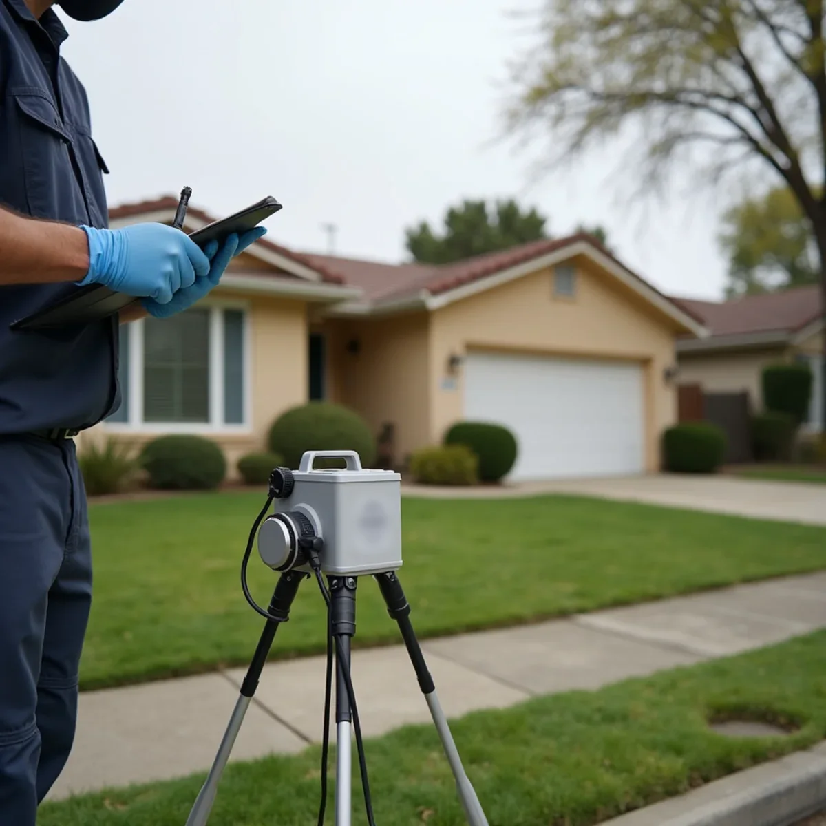 Air sampling pump taking an outdoor baseline mold sample in the front yard of a Buena Park ranch home
