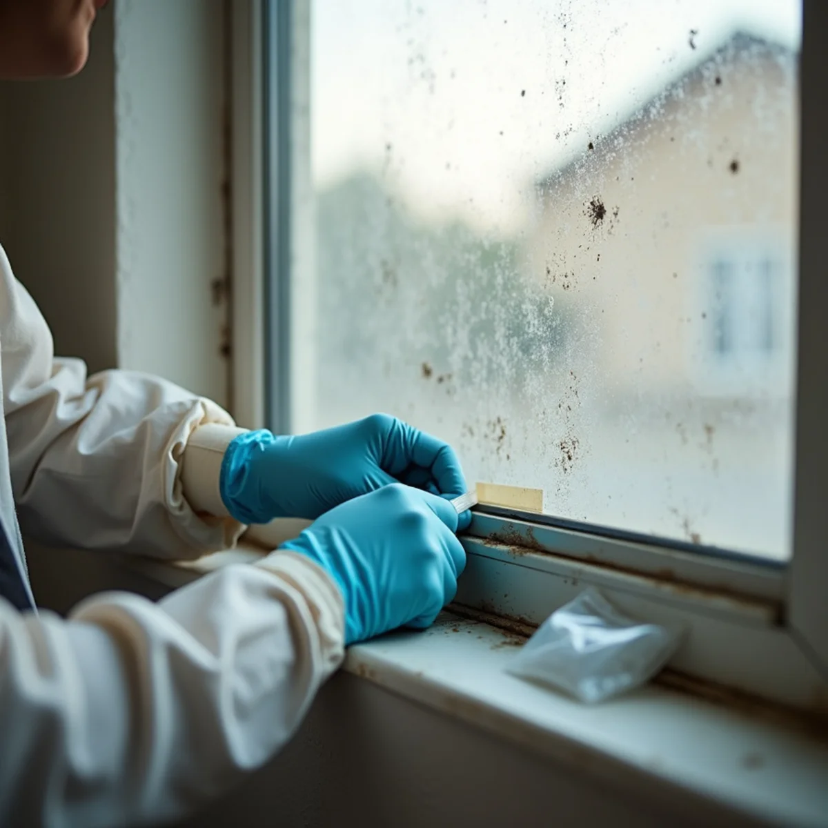 Gloved technician taking a tape lift mold sample from dark spotting near an apartment window frame in Buena Park