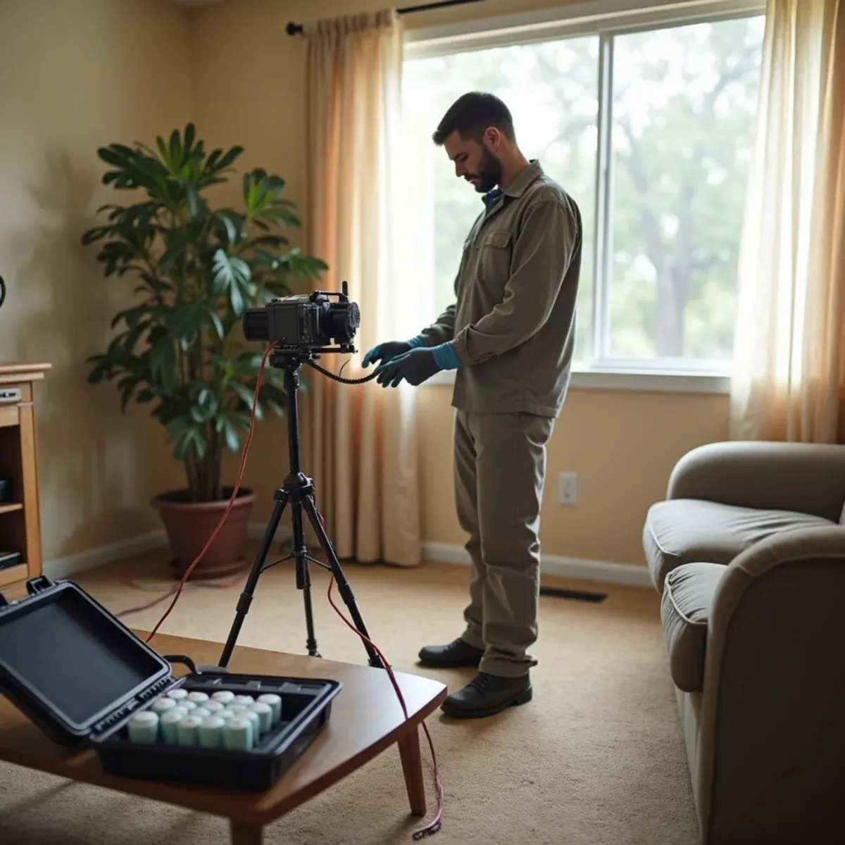 Technician setting up an air sampling pump on a tripod in the living room of a Buena Park home for mold testing