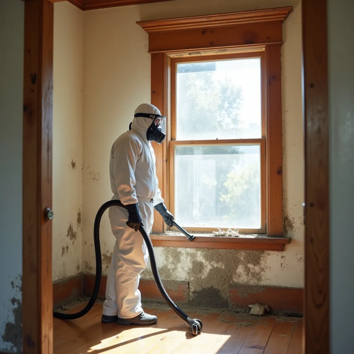 Technician cleaning mold from original plaster in a historic Anaheim Colony district bungalow