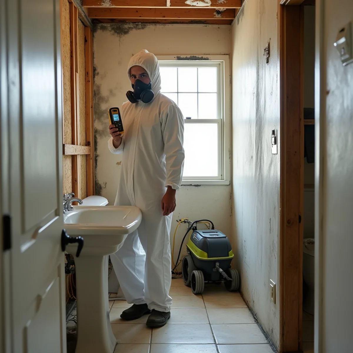 Technician checking a moldy vanity wall with a moisture meter during a bathroom remodel in a Cypress home