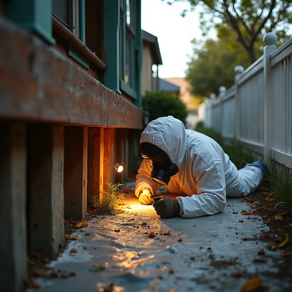 Mold remediation technician inspecting the crawl space of a 1920s craftsman bungalow near downtown Fullerton