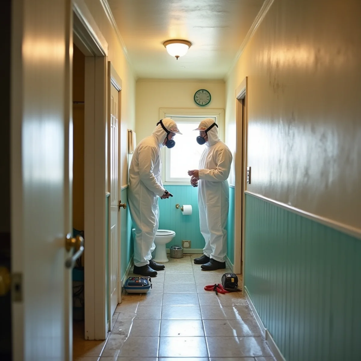 Mold remediation crew setting up containment in the hallway bathroom of a 1950s La Mirada tract home
