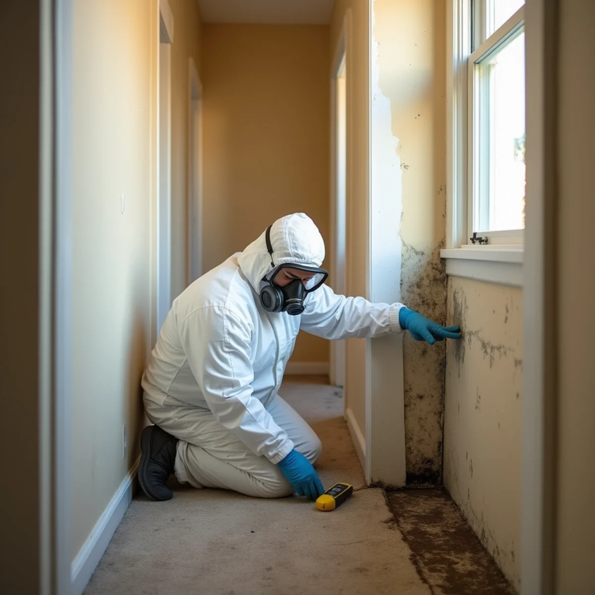 Mold remediation technician cutting out stained drywall above a baseboard in a 1970s La Palma tract home
