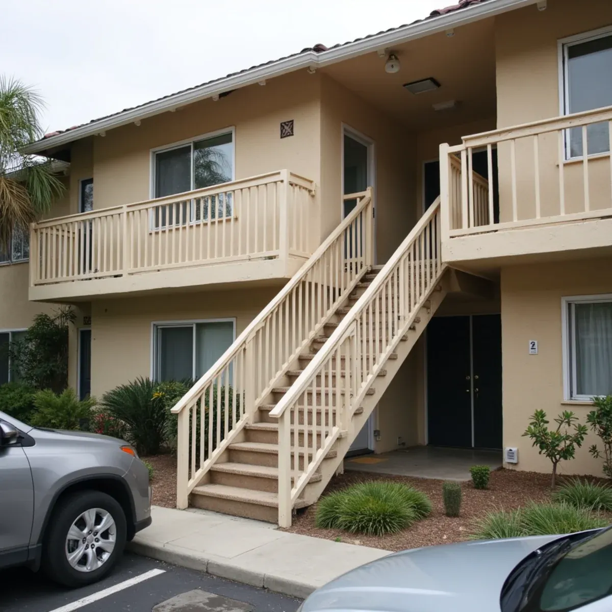 Two-story stucco apartment block off Beach Boulevard in Stanton, CA