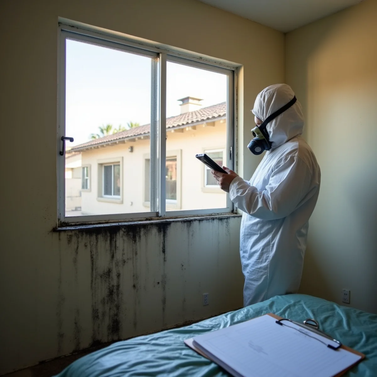 Technician photographing window-frame mold in a Stanton apartment bedroom for a remediation report