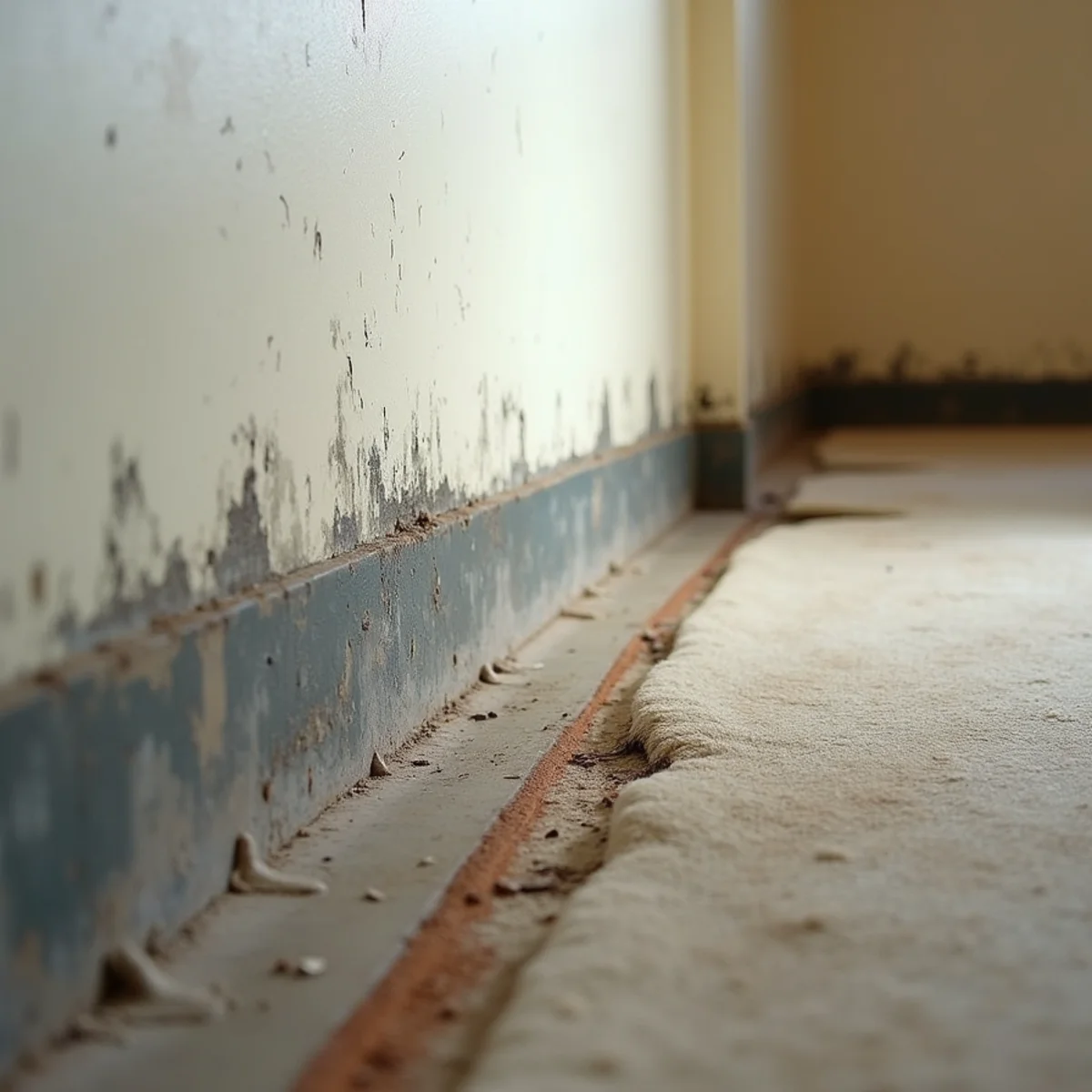 Mold along the base of drywall and a swollen baseboard after a copper slab leak in a Buena Park ranch home