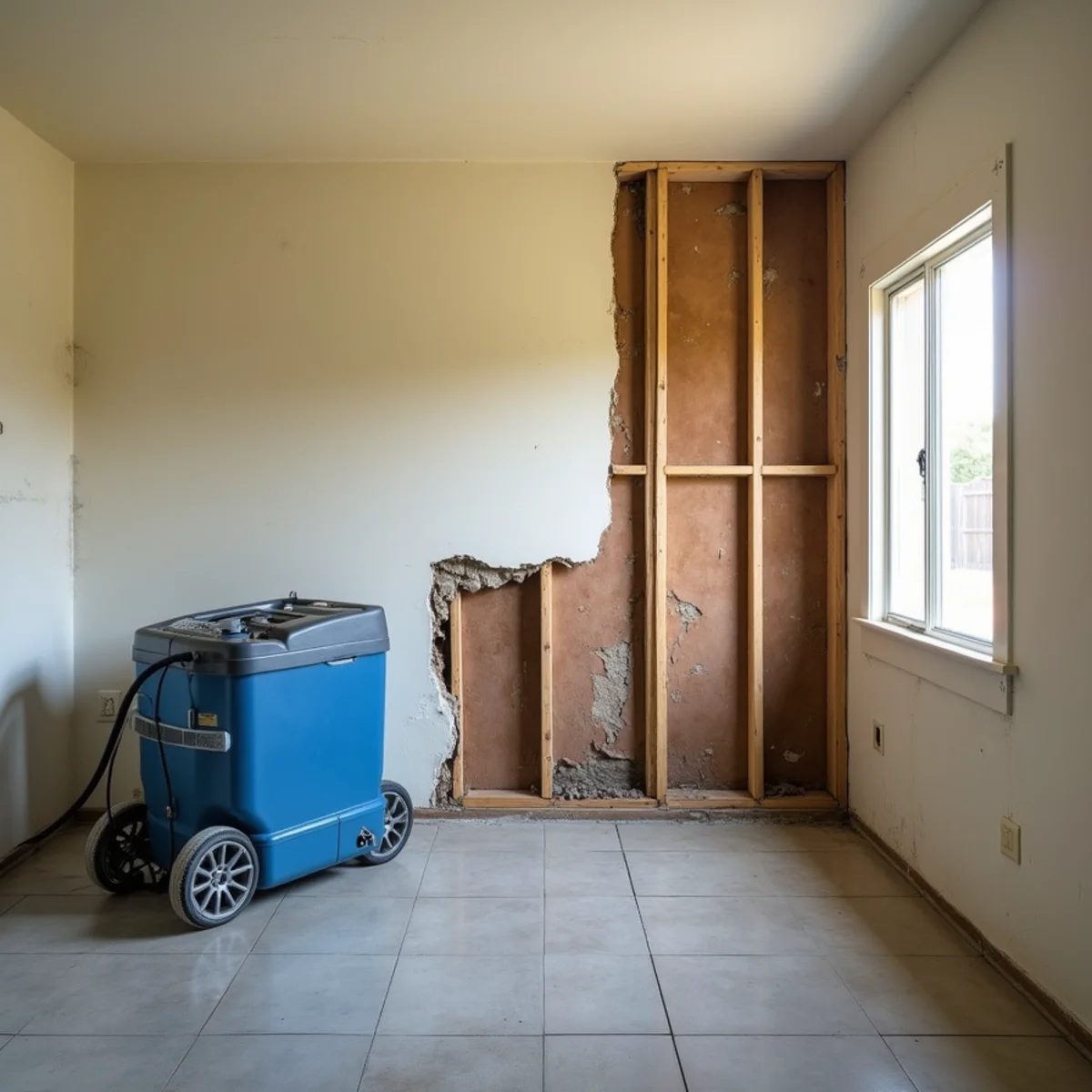 Drywall flood cut above a water line with a dehumidifier and HEPA air scrubber drying the wall cavity in a Buena Park home