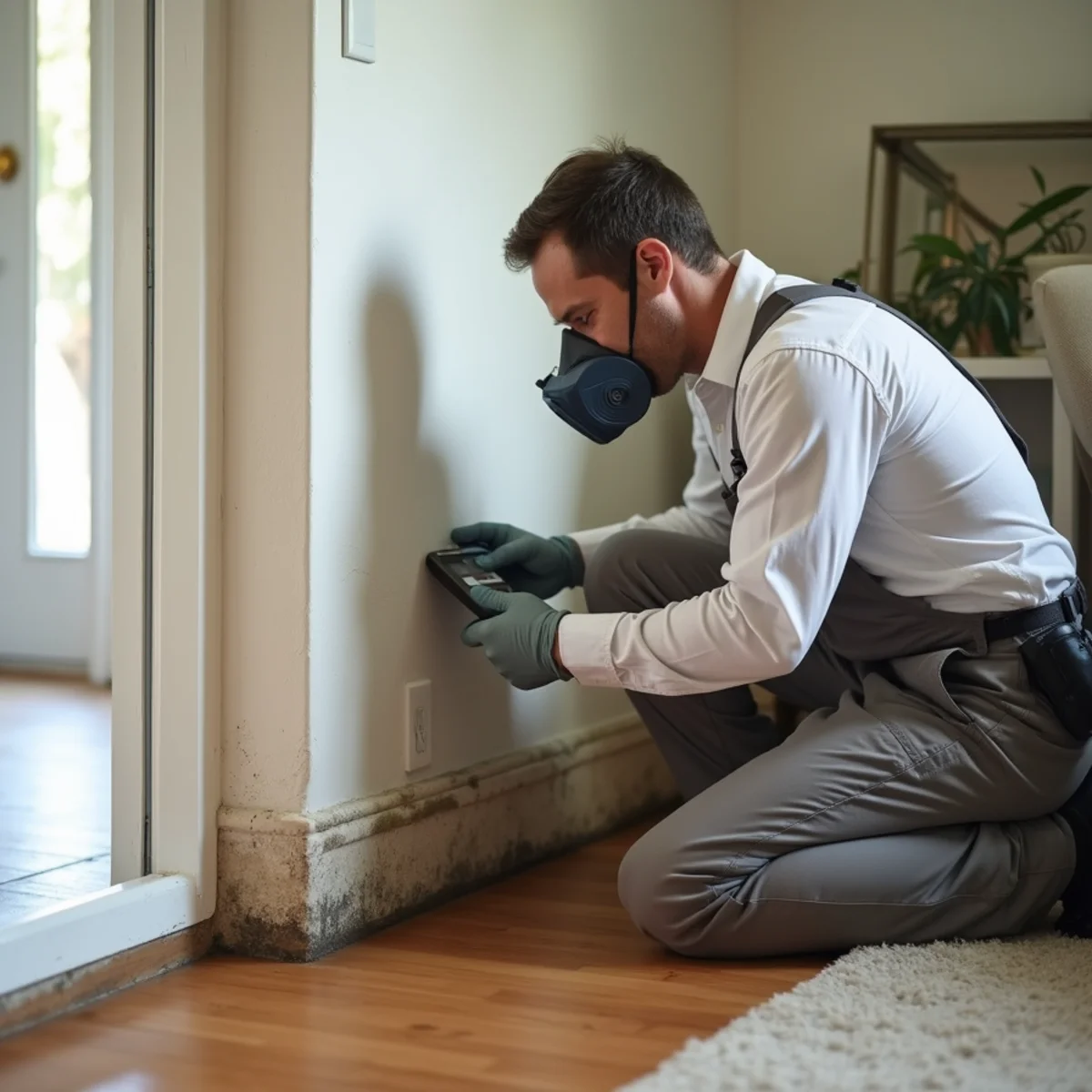 Technician taking moisture readings on stained drywall above a swollen baseboard after a leak in a Buena Park ranch home